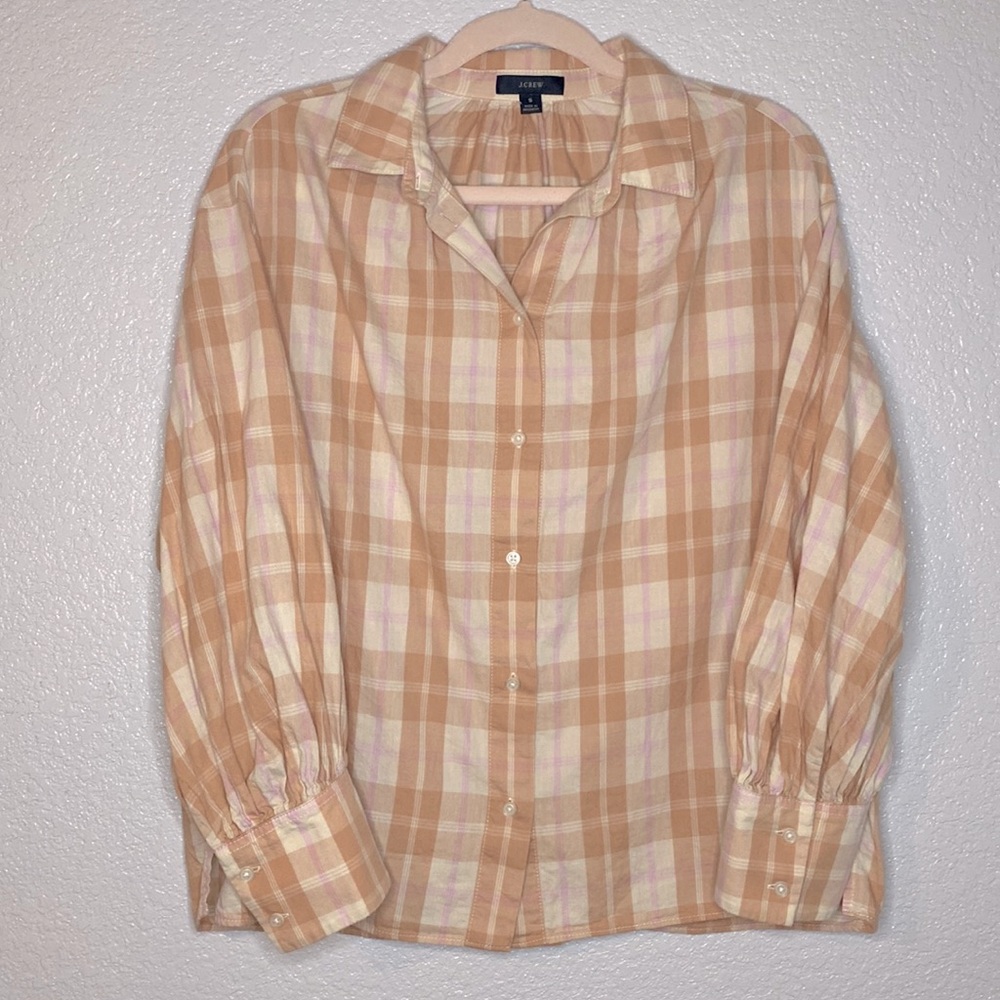 J. Crew plaid top with lantern sleeves. Size Small
